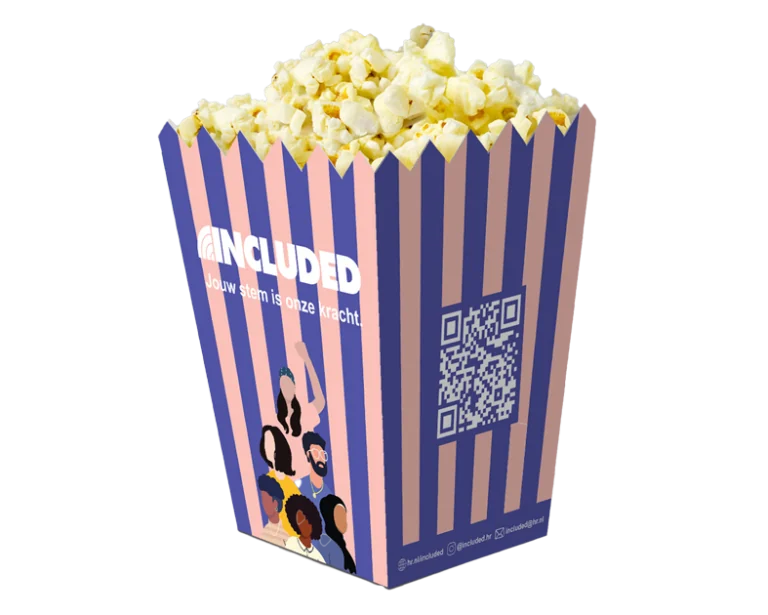 Lillaorange popcornbæger med QR-kode