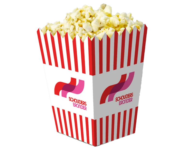 Rødhvidt stribet popcornbæger med logotryk