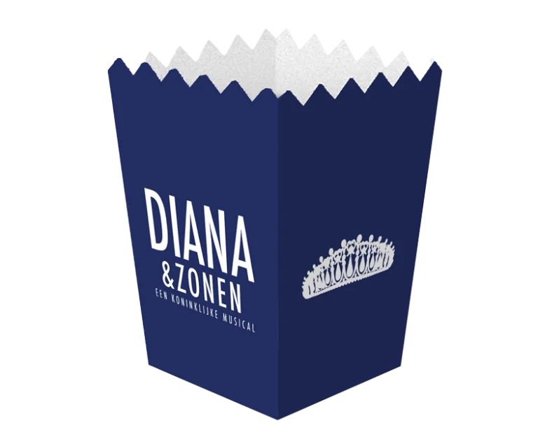 Mørkeblåt popcornbæger med hvid DIANA-tekst