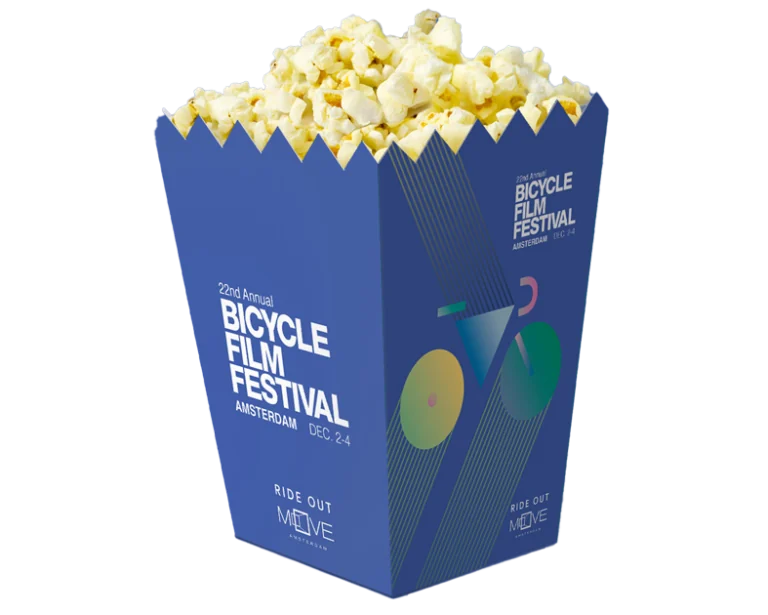 Blåt popcornbæger med design til Bicycle Film Festival